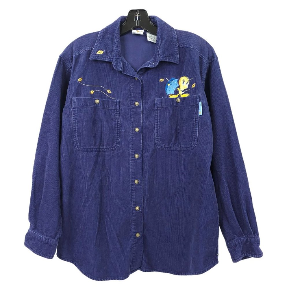 Vintage Looney Tunes Corduroy Shirt Embroidered ButtonUp Tweety Bird Size S Blue